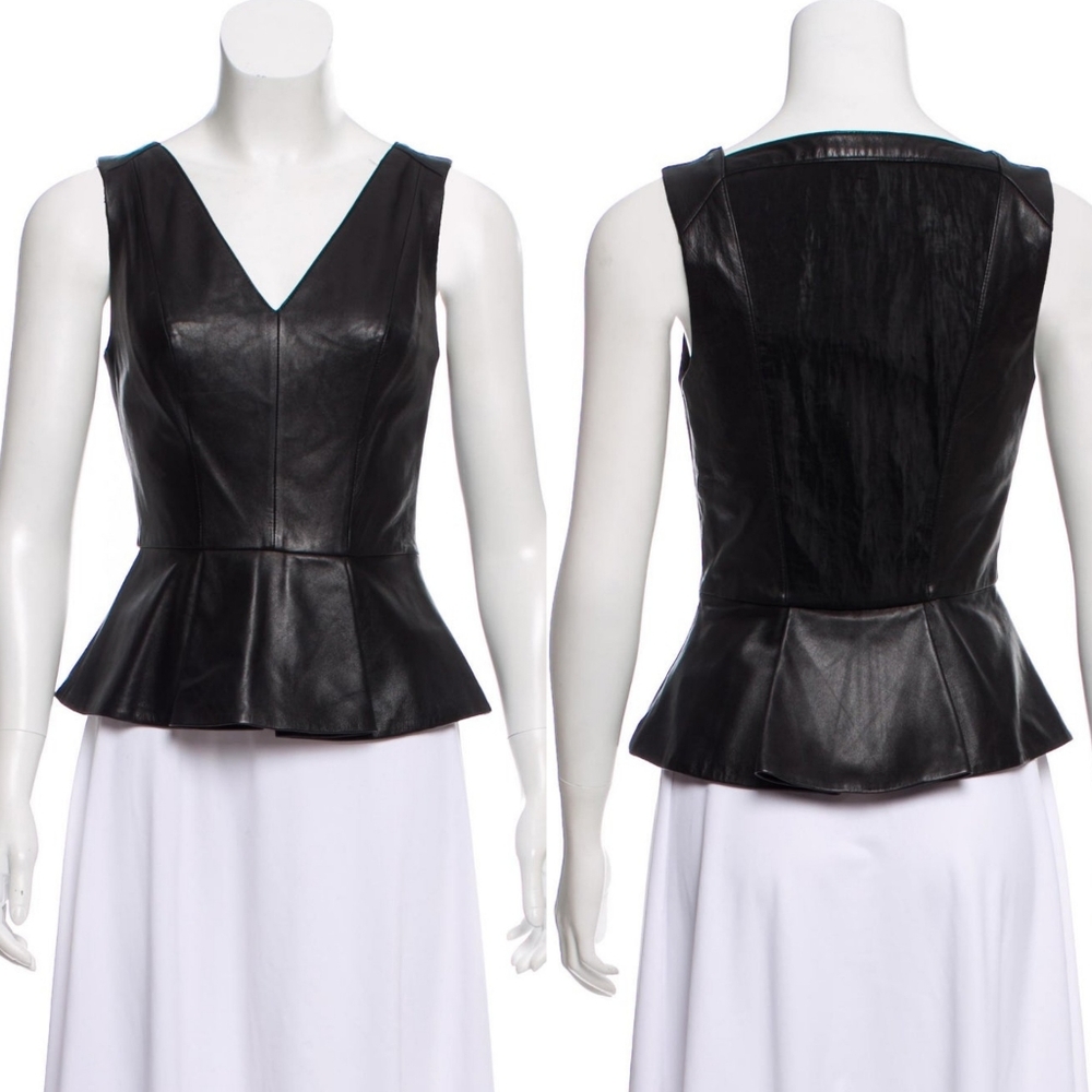 Robert Rodriguez Black V-Neck Leather Sleeveless Peplum Top Mesh Back Size 8